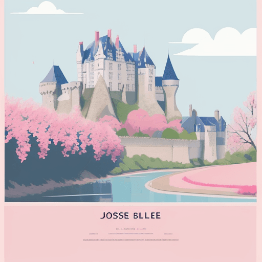 AI generated: Minimalist, flat design, poster, Josselin Castle scene, summer, blue river, pink bourgainvillier