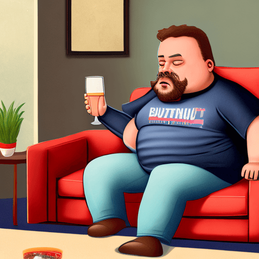 AI generated: Portrait of a big hairless man wearing jeans and a t shirt sitting on a sofa with his little dog in ...