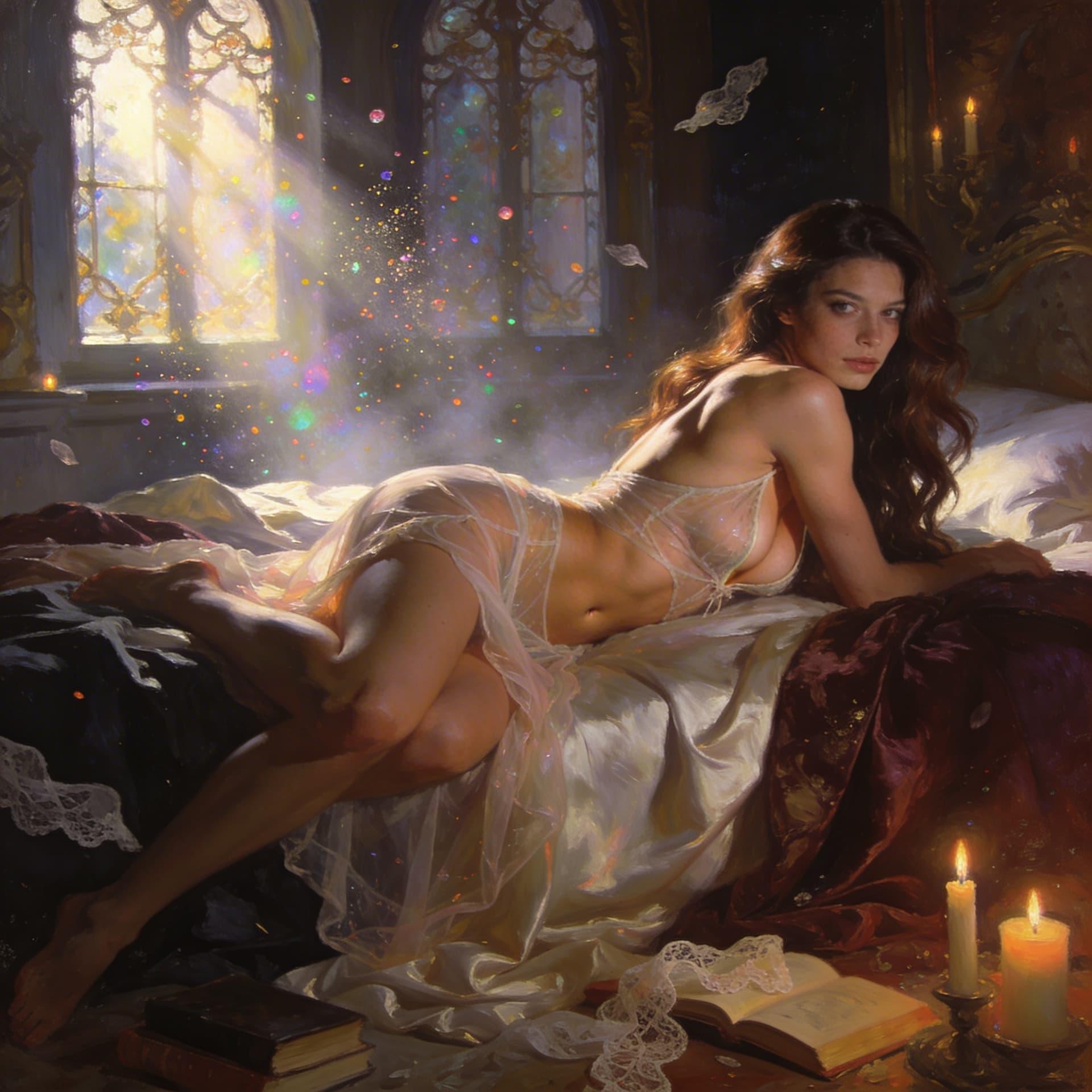 AI generated: A striking young female with long, glossy chestnut hair in loose cascading waves, her body sculpted ...