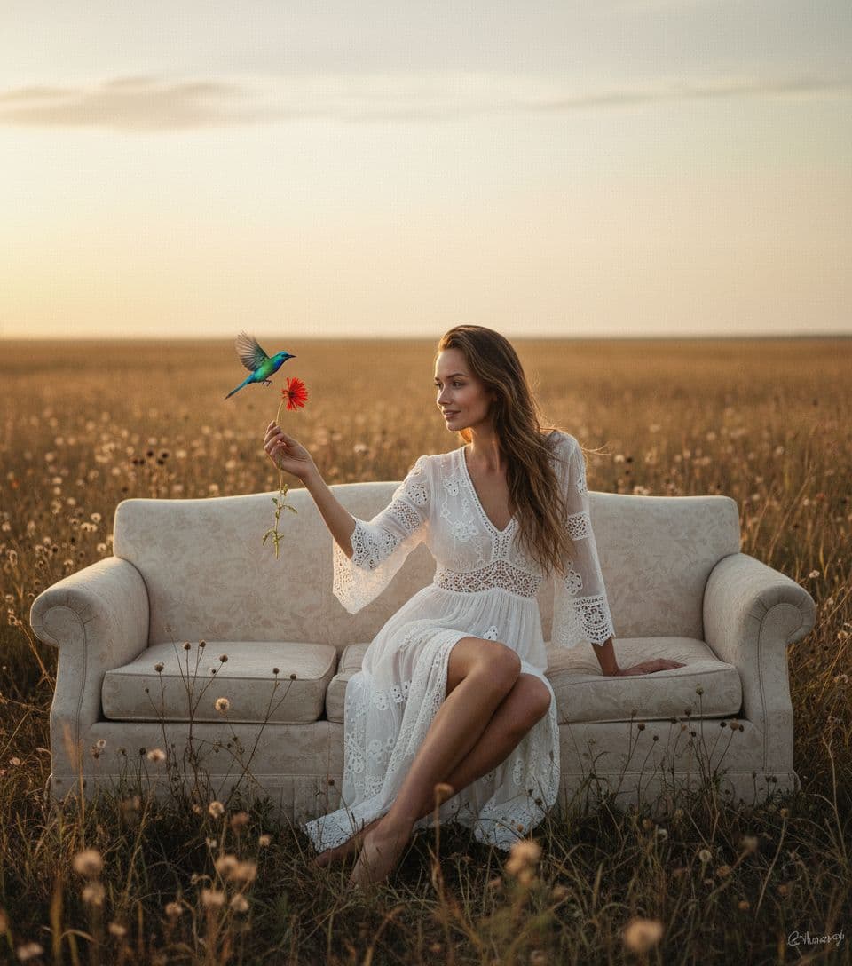 AI generated: a woman sitting on top of a couch in a field, skinny girl in white boho lanced dress, lalisa manobal...