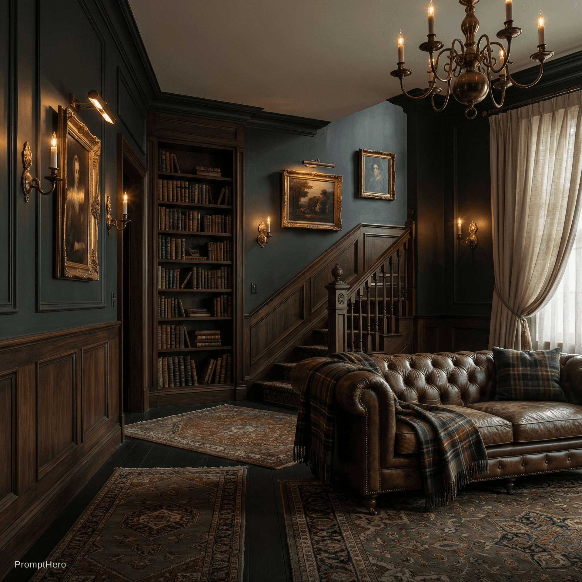AI generated: recreate the photo to “Moody dark academia interior with deep forest green and charcoal walls, rich ...