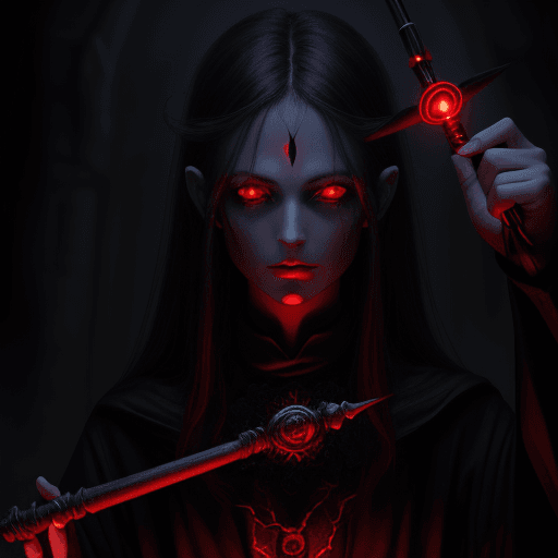 AI generated: dark magical with red light eyes , the wand in hand and magic head.