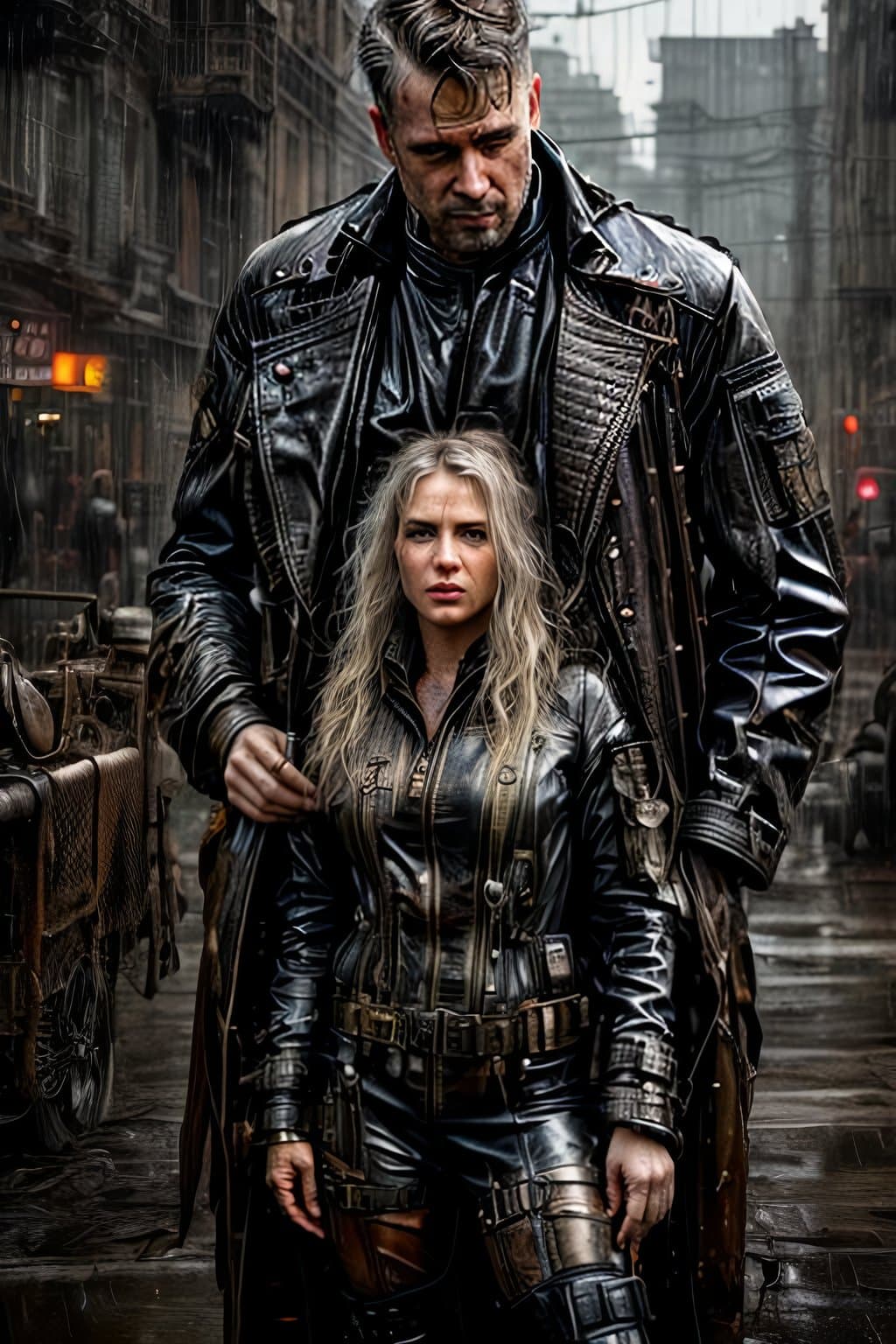 AI generated: hyper real photo. Detailed face and skin texture. Man/Woman wearing leather steampunk boiler suits a...