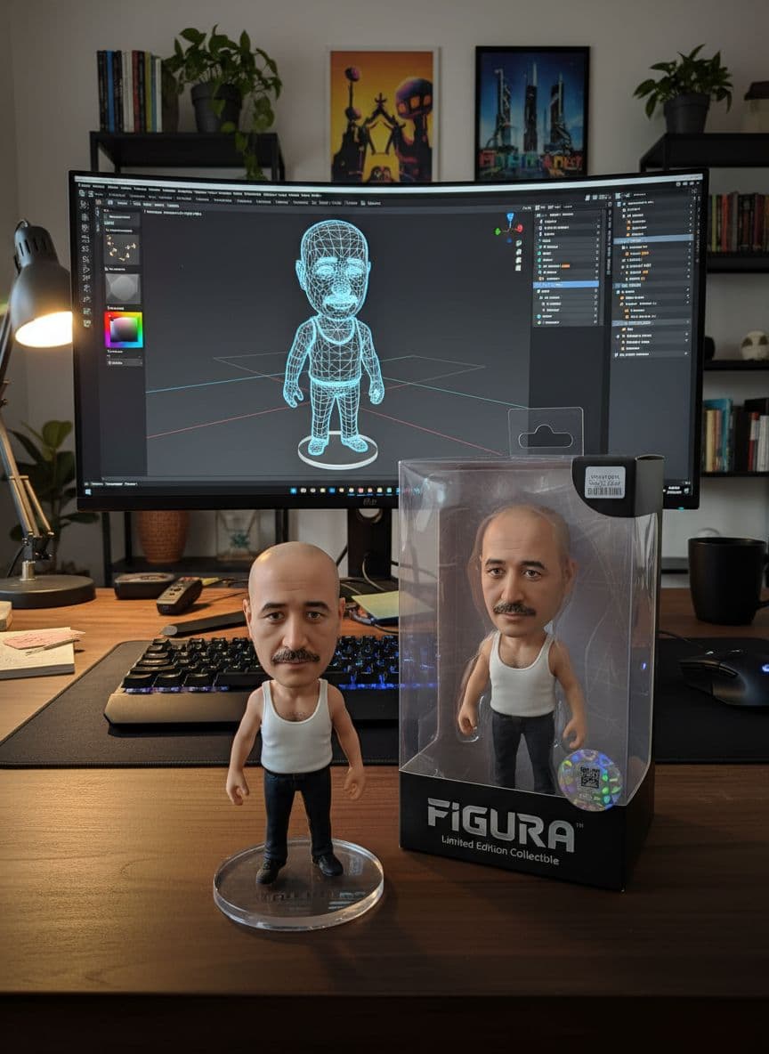 AI generated: Transforming the photographed person into a realistic 3D figurine in front of a computer desk. The c...
