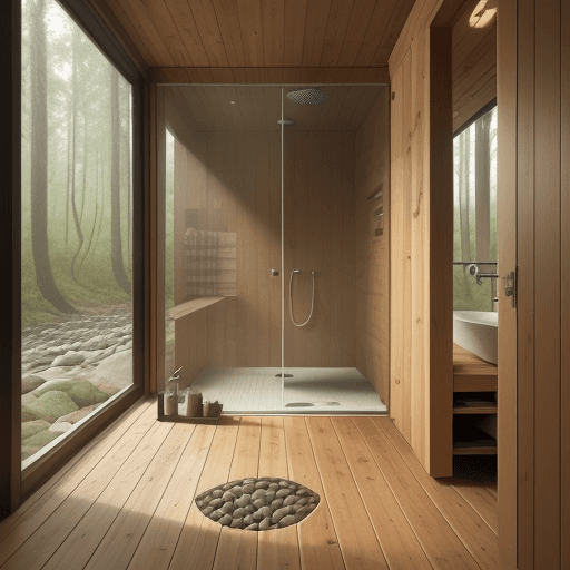 AI generated: Shower, wood and small rocks floor, full of nature