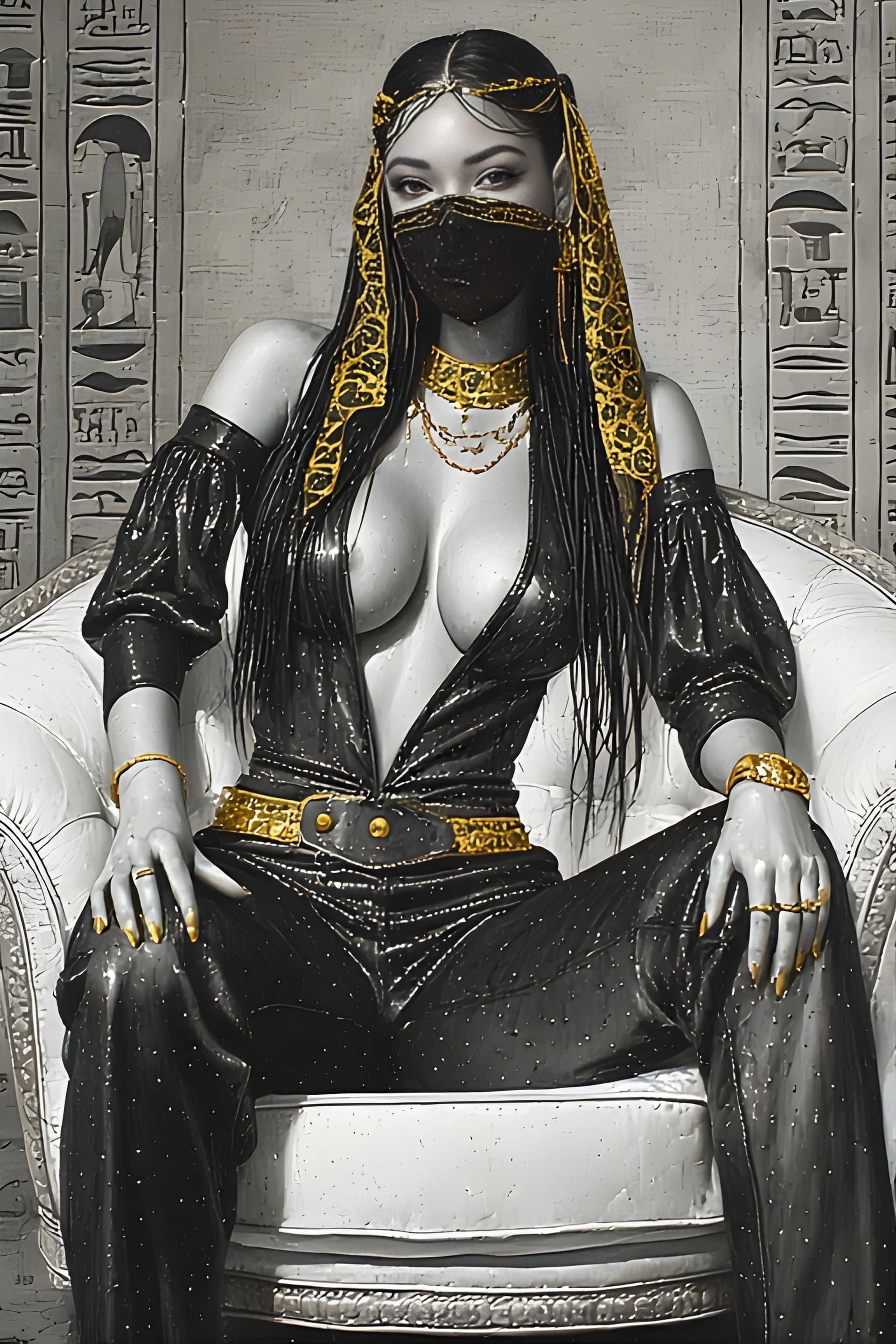 AI generated: A (beautiful woman:1.3), (black ethnicity:1.2), (age 25:1.1), sitting on a white ornate armchair, we...