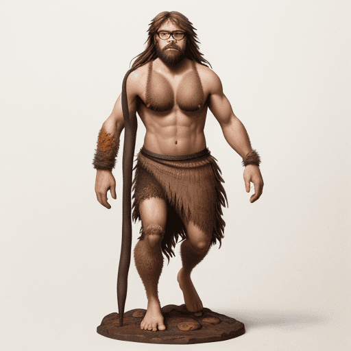 AI generated: create a mixed media image of. a caveman wearing glasse, full body, front shot