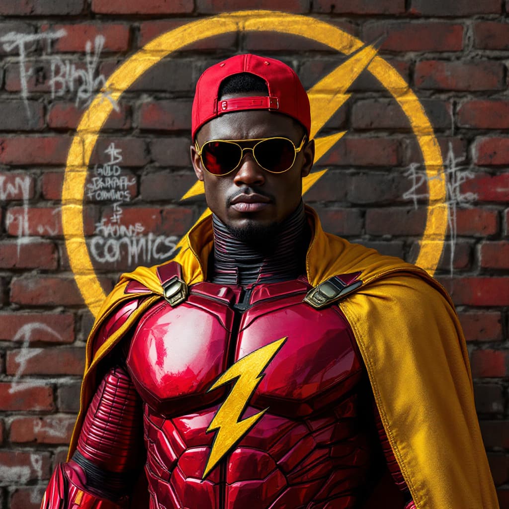 AI generated: hyper real of EBONY MAN with a red baseball cap backwards, sunglasses, in a red metallic dark knight...