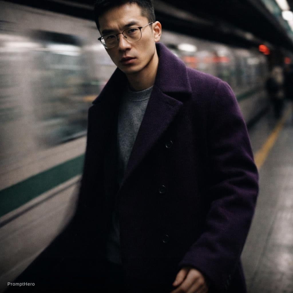 AI generated: fashion editorial photography, motion blur, male model, wearing an wool coat, deep purple color, wal...