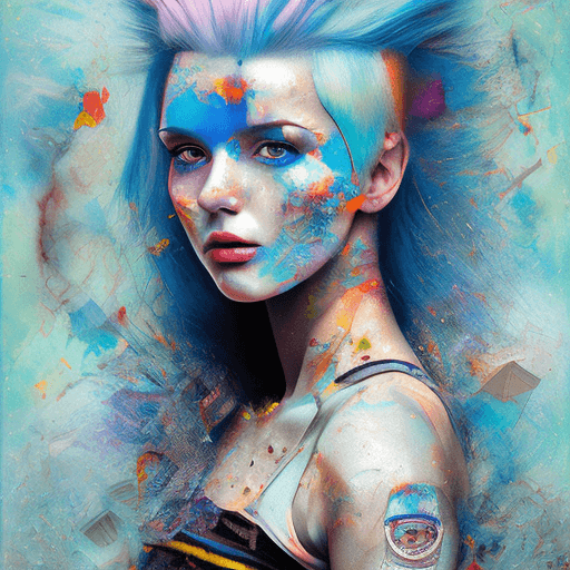 AI generated: Radusha 07.09.1981 aniversery woman with blue hair, in the style of multi-layered collages, edgy str...