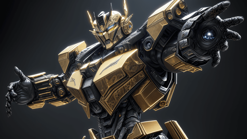 AI generated: Transformers, Intricate Detail, Metal texture, Black and gold Mecha, Dynamic Pose, Blue eyeballs, Bl...