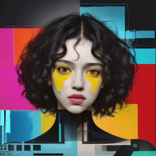 AI generated: female face with curly thick hair, geometric abstract portrait, bright vibrant colorful, gritty, cyb...