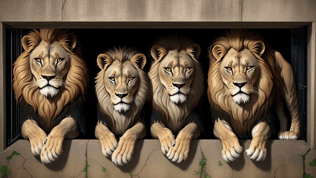 AI generated: Sad lions imprisoned 
