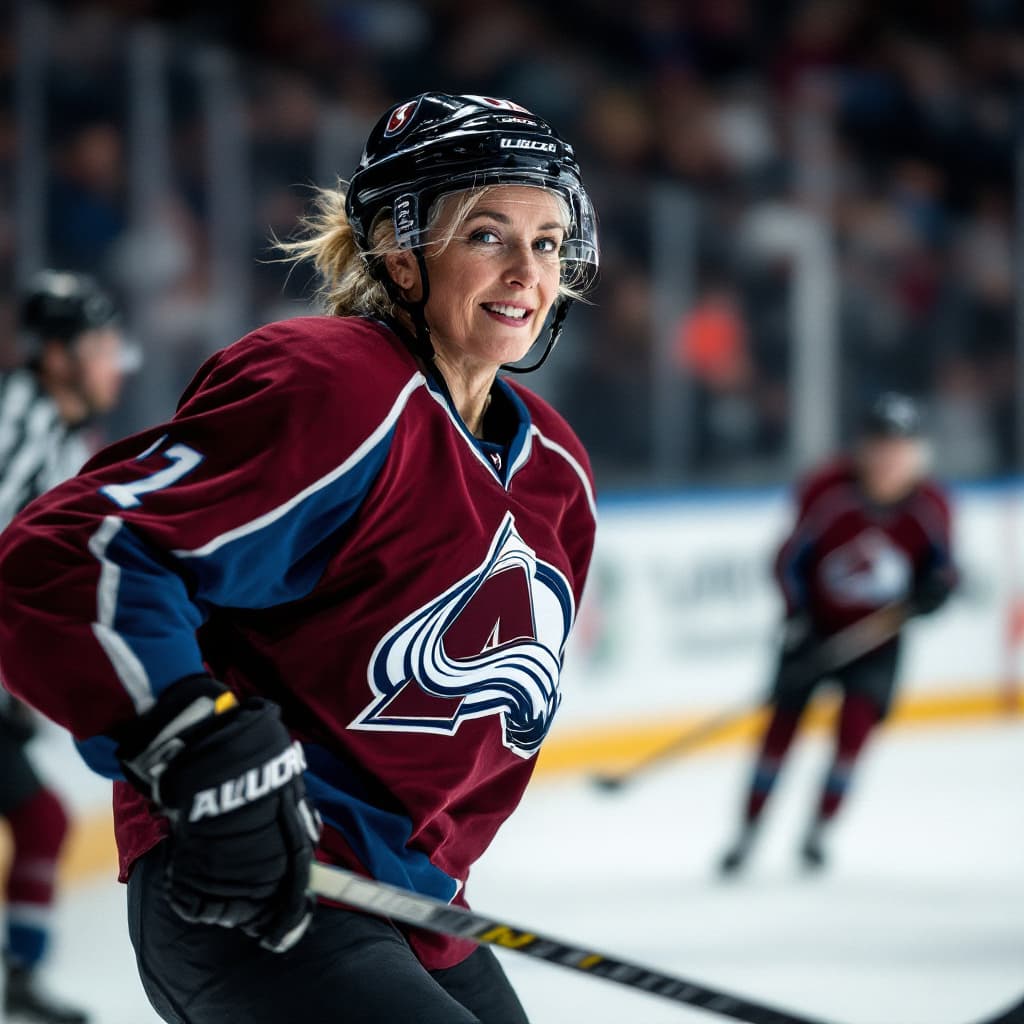 AI generated: Older woman in Avalanche Hockey Uniform on ice during game in action