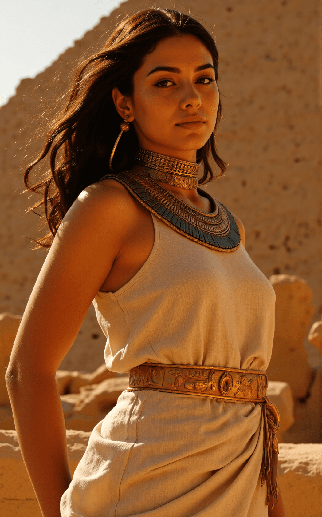 AI generated: A close-up photograph from the waist up of a woman dressed in ancient Egyptian attire, featuring gol...