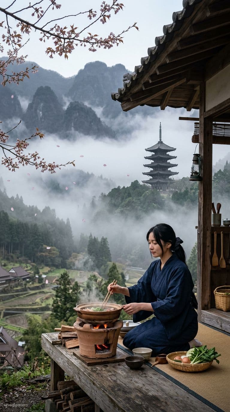 AI generated: A peaceful Japanese countryside scene. A beautiful Japanese woman, with a detailed face and straight...