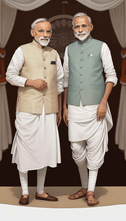 AI generated: Mahatma Gandhi and Narendra Modi are seen standing together, smiling, and taking a selfie. Gandhi is...