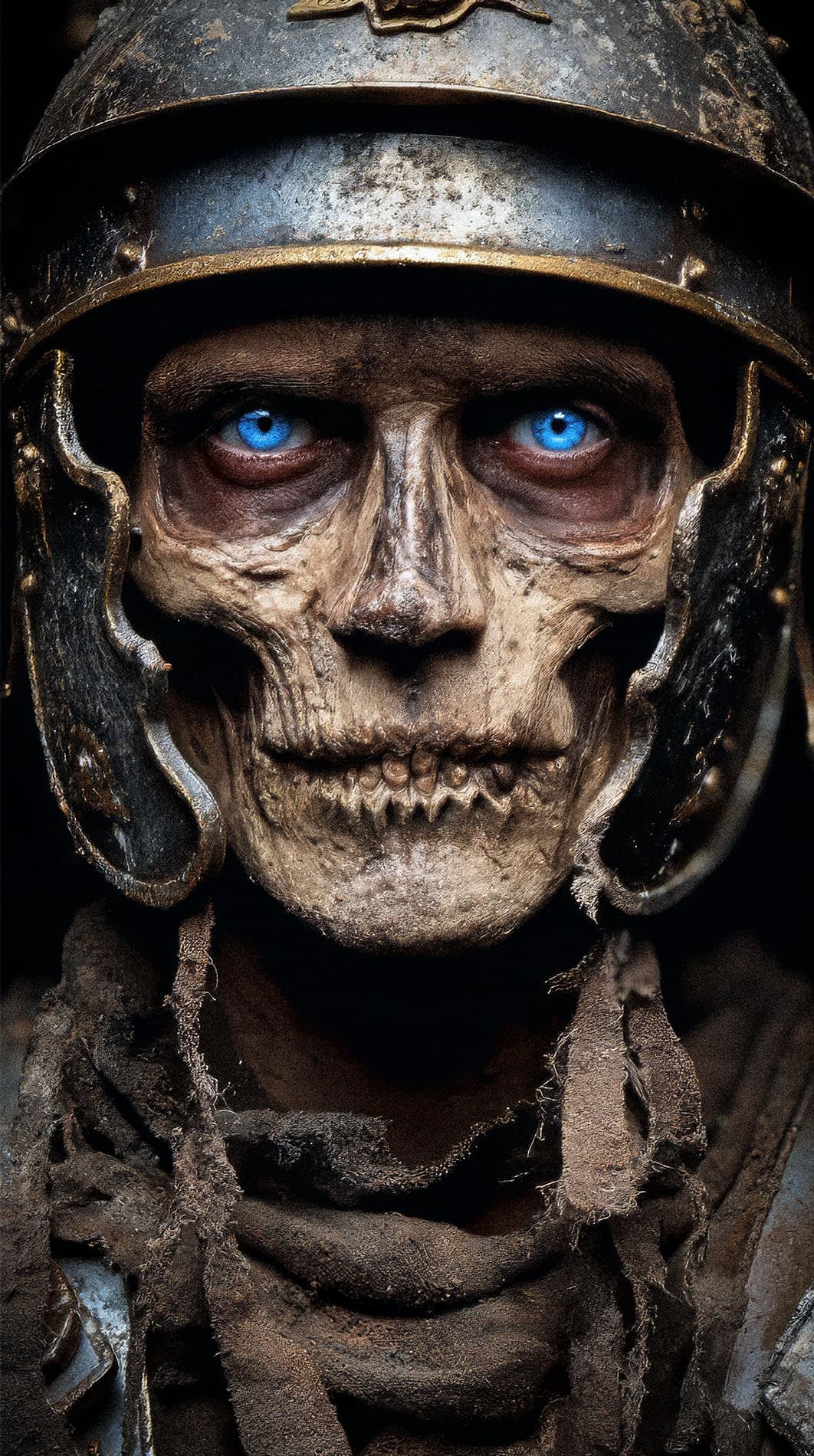 AI generated: Close-up portrait of an undead Roman soldier, risen from an ancient battlefield. His eye sockets are...