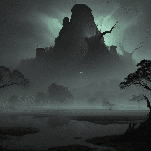 AI generated: Hyper realistic landscape in Ansel Adam style, Swamp, from the point of view a frog, deep in the bac...