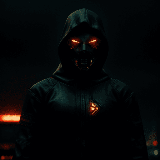 AI generated: cyberpunk, masked man, dark torn hood, dark rainy foggy night, intricate dark and chrome damaged arm...