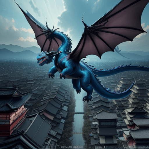AI generated: Kyoto Animation stylized anime mixed with tradition Chinese artworks~ A dragon flying at modern cybe...