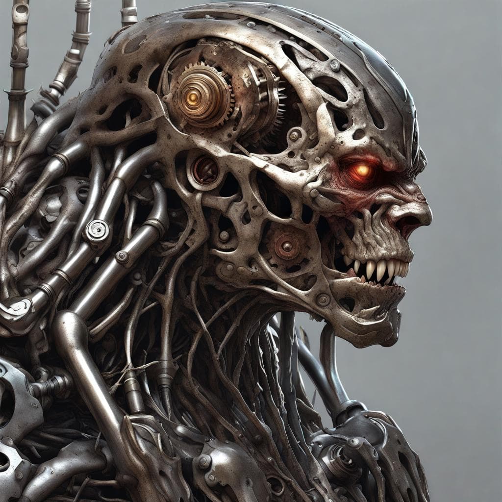 AI generated: a humanoid undead made of metal and pressure pipes, gears, sharp teeth, concept glowing singular eye...