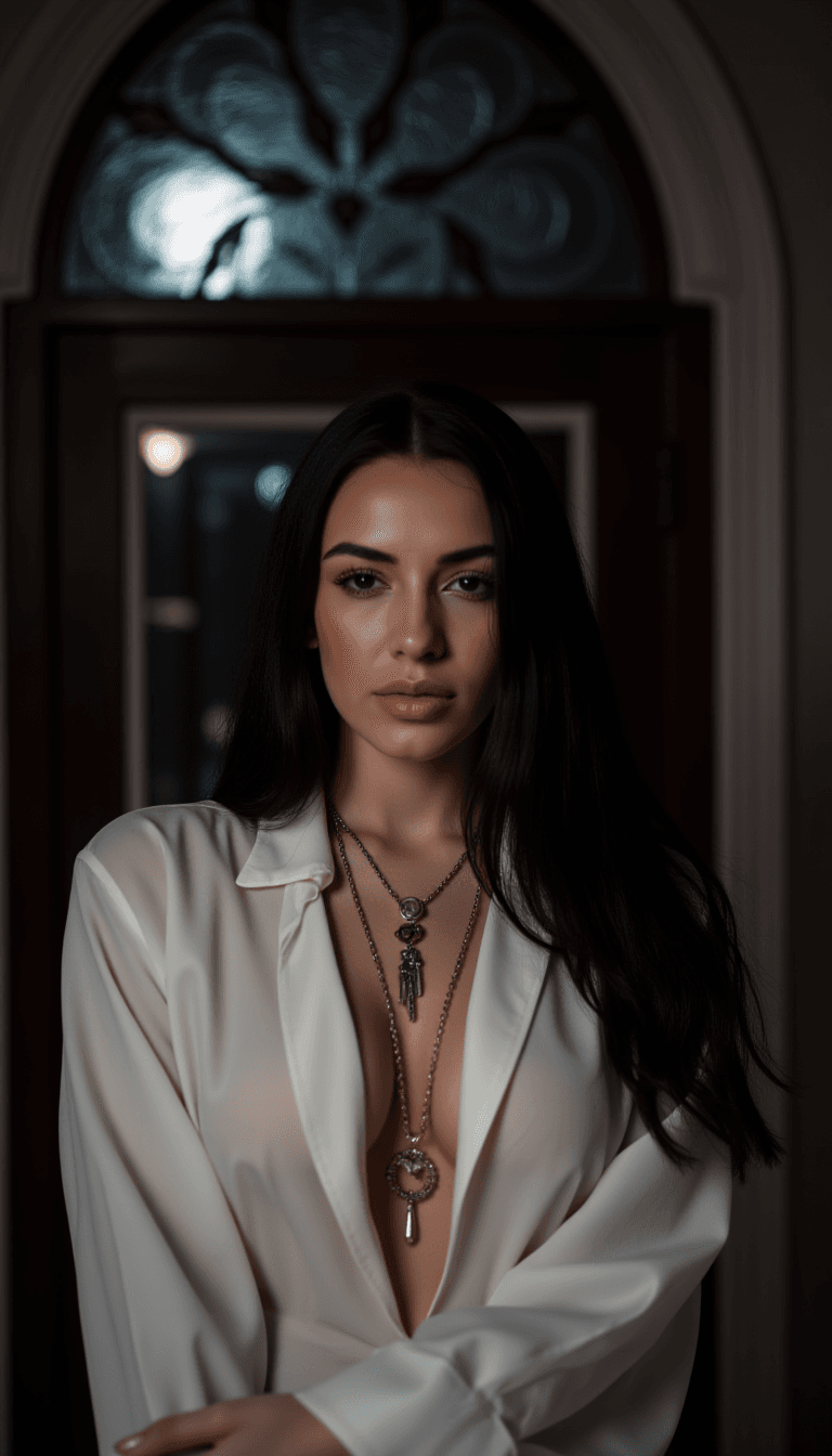 AI generated: photograph of a woman, designer blouse, very low cut, loose blouse, white blouse, long black hair, d...