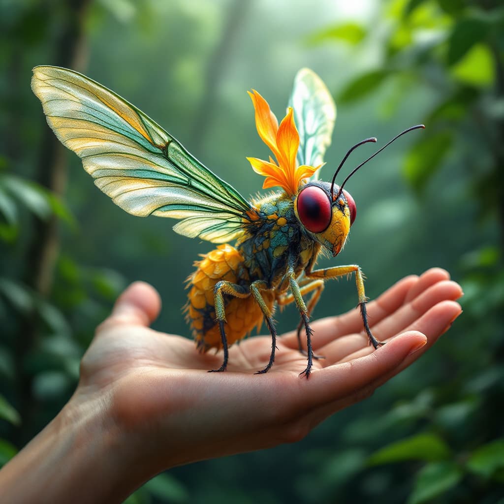 AI generated: A hyper-realistic flying hybrid of an insect and a plant with flower features, sitting on a hand. De...