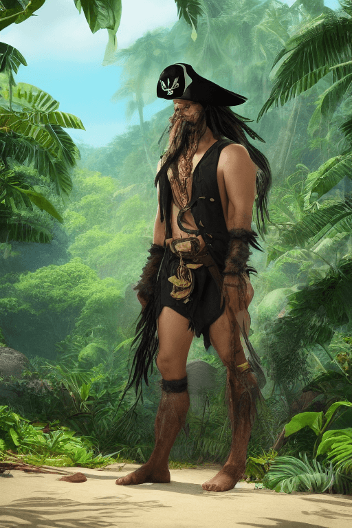 AI generated: A man wearing a black pirate hat and looking like he just drifted in from the sea, standing on a bea...