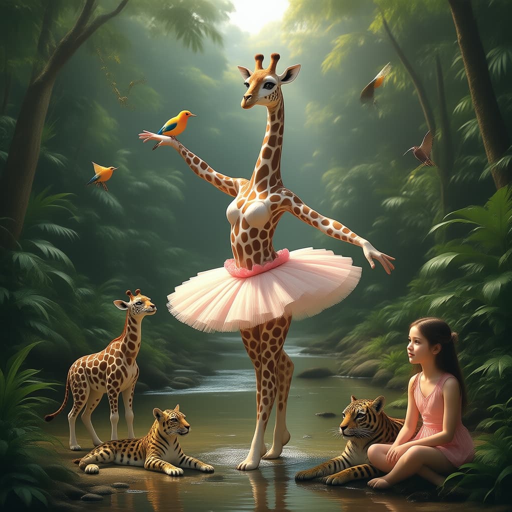 AI generated: ((best quality) ), a giraffe as a (ballerina:1.1) wearing a tutu, perfect eyes, hyper realistic, 8k,...