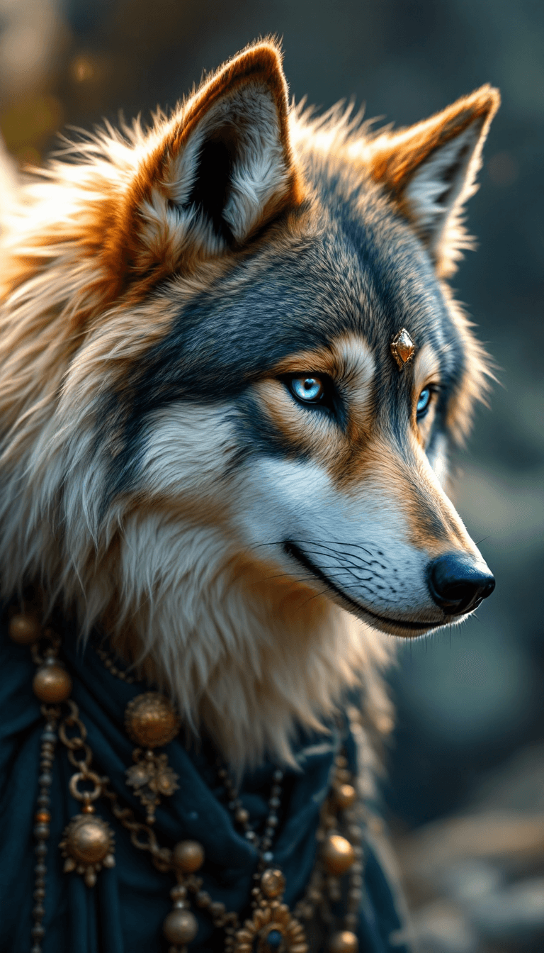 AI generated: Face of a angel wolf, many accessories, detailled, face