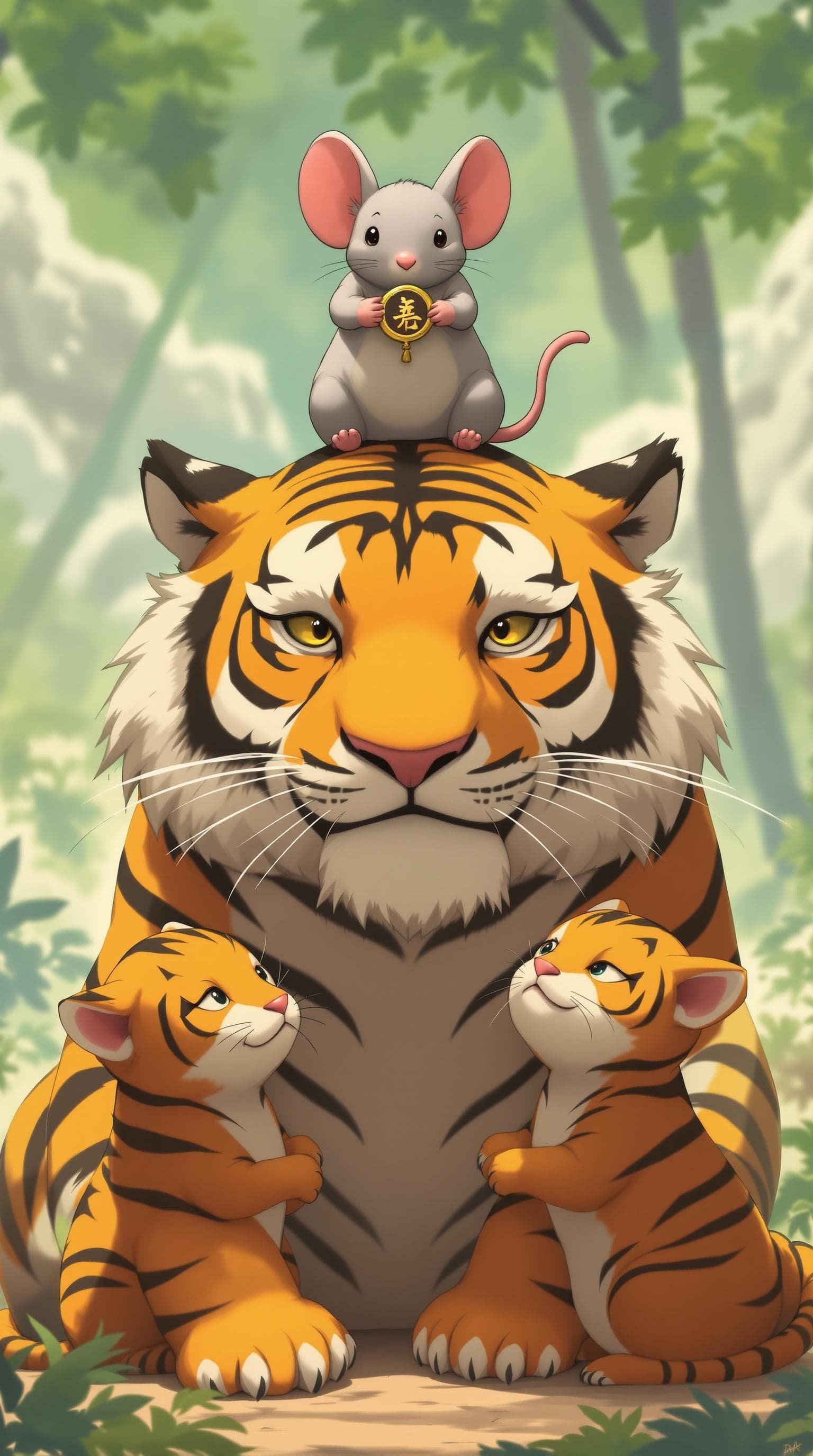 AI generated: a tiger and two tiger cubs, and a oversized mouse ,with a mouse on the tiger's head, the mouse holdi...