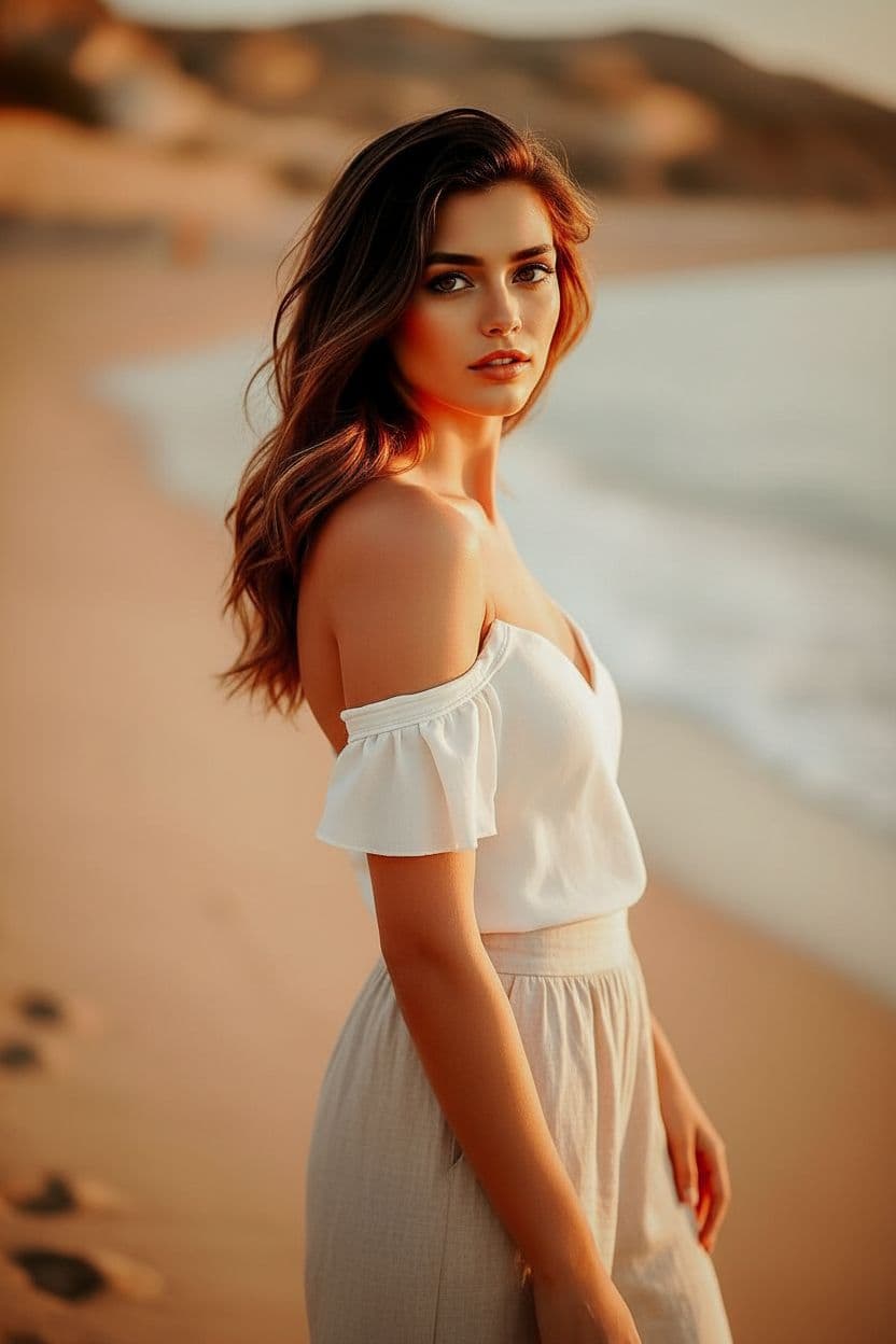 AI generated: "Exterior 2.41 landscape image of a supermodel in soft golden hour side light, warm gentle sunlight ...