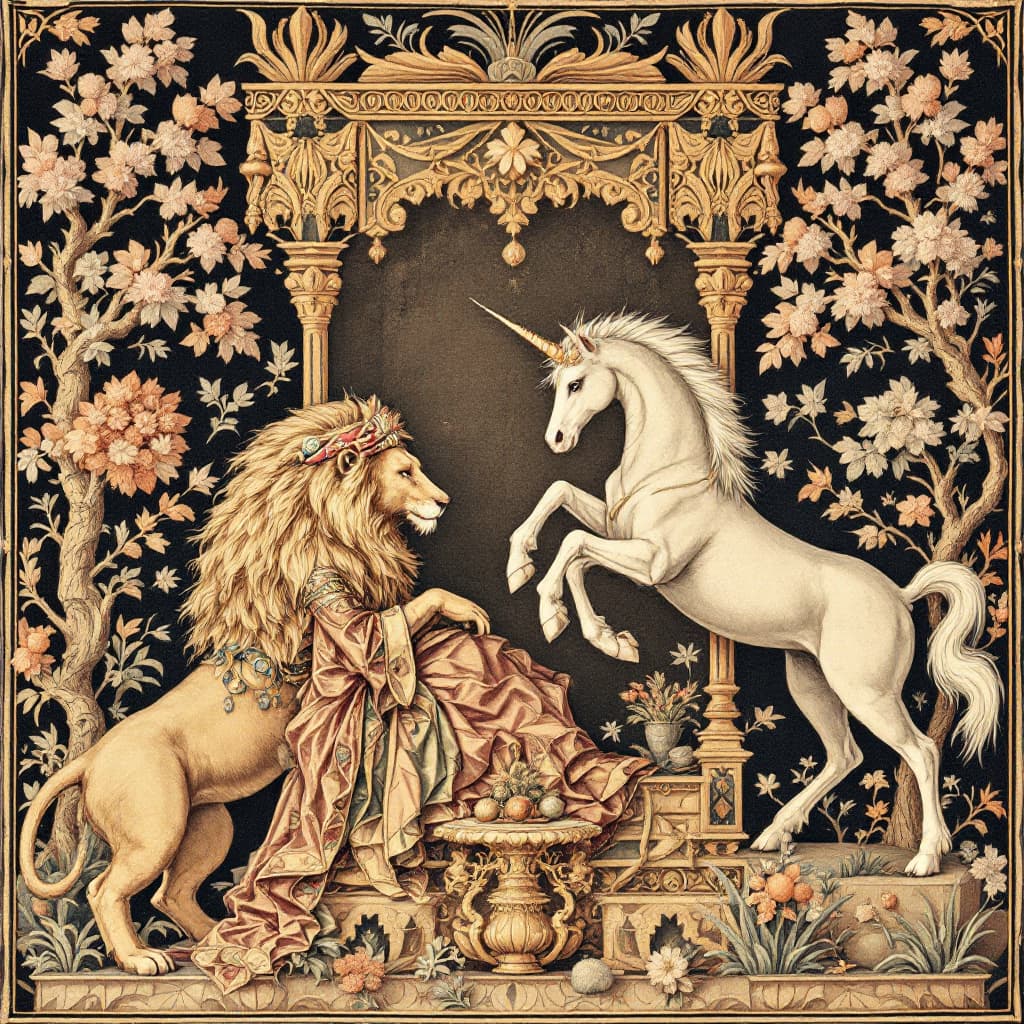 AI generated: You need to draw a mille-fleurs tapestry of The Lady and the Unicorn woven after 1515 in the same st...