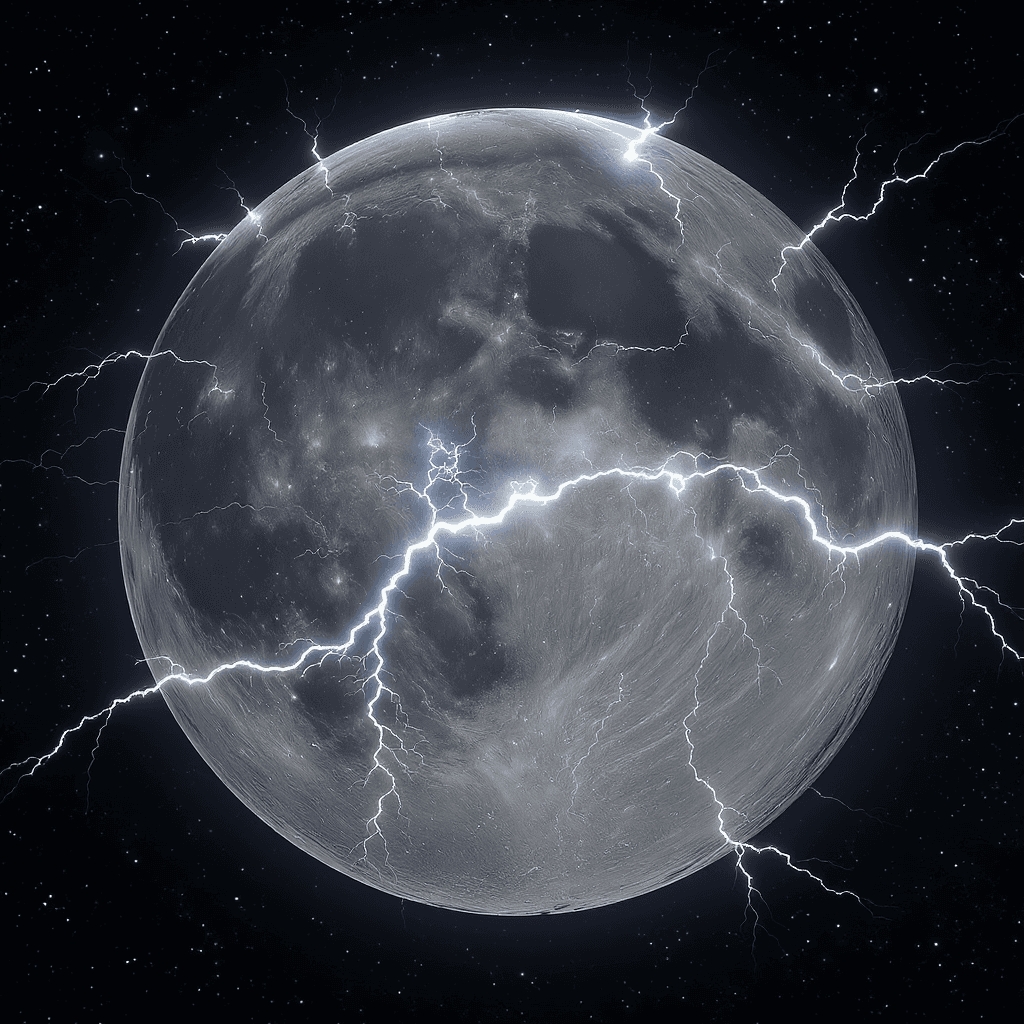 AI generated: a grey, White and black moon that has white lightning storms covering its surface with that likes li...