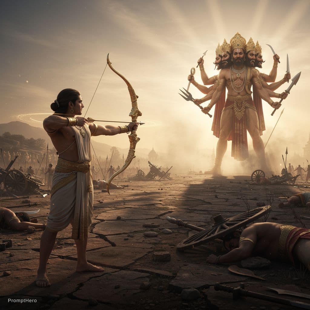 AI generated: A grand cinematic wide-angle shot of a legendary battlefield. On the far left, Lord Ram, a blend of ...