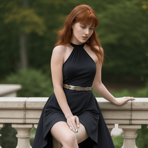 AI generated: A auburn haired woman sits gracefully on a stone balustrade with a decorative metal railing, turned ...