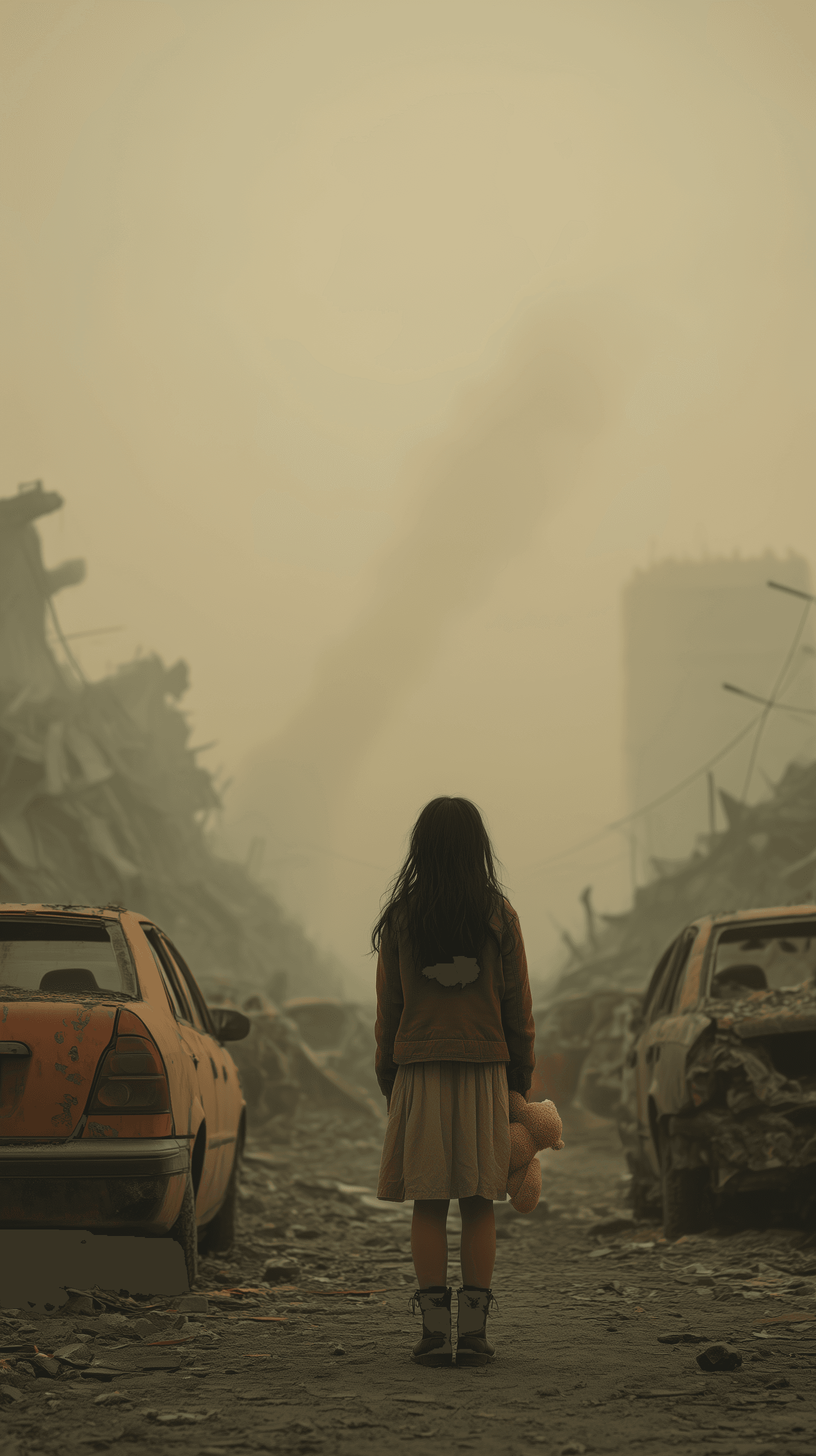 AI generated: A small girl with long dark wavy hair, wearing a dusty beige dress, a thin brown wool jacket, and wo...