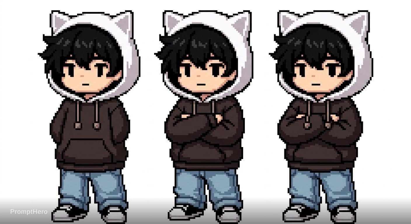 AI generated: 32-bit pixel art chibi sprite, a cute 2-head tall boy, messy voluminous black pixel hair. He is wear...