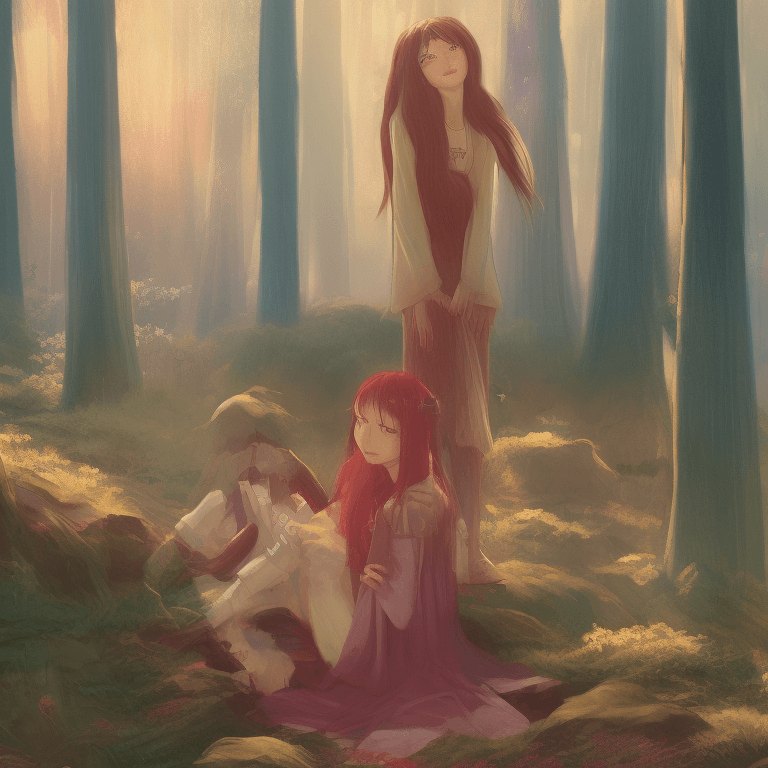 AI generated: 8k. detailed. a boy and a girl sitting together and hugging in a forest. girl has long bright flowin...