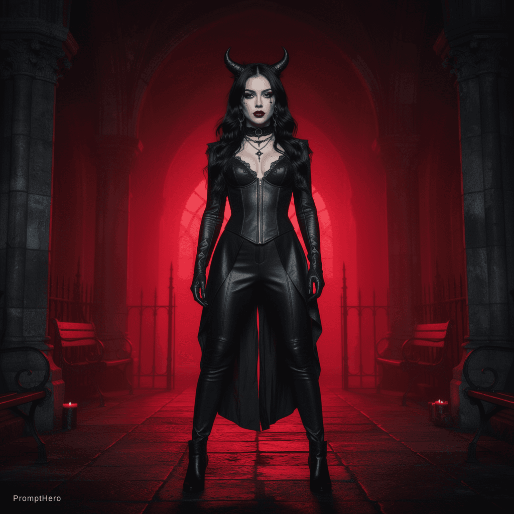 AI generated: As uper sexy goth maiden posing in leather, red backlighting in a gothic hallway
