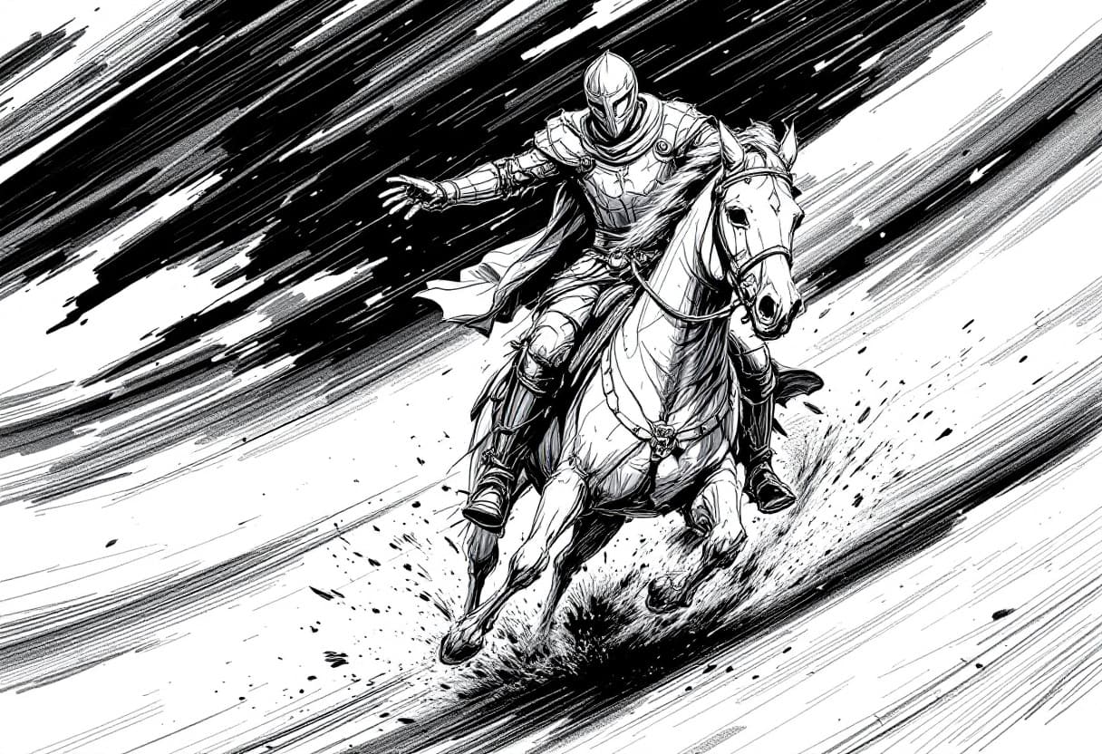 AI generated: A medieval knight riding his horse at speed is captured in a Monochrome Kinetic Sketch, as if it wer...