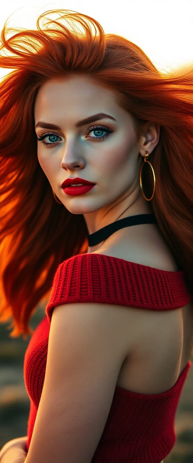 AI generated: "A professional photograph, styled as fine art, depicts a slender redhead supermodel in her early 20...