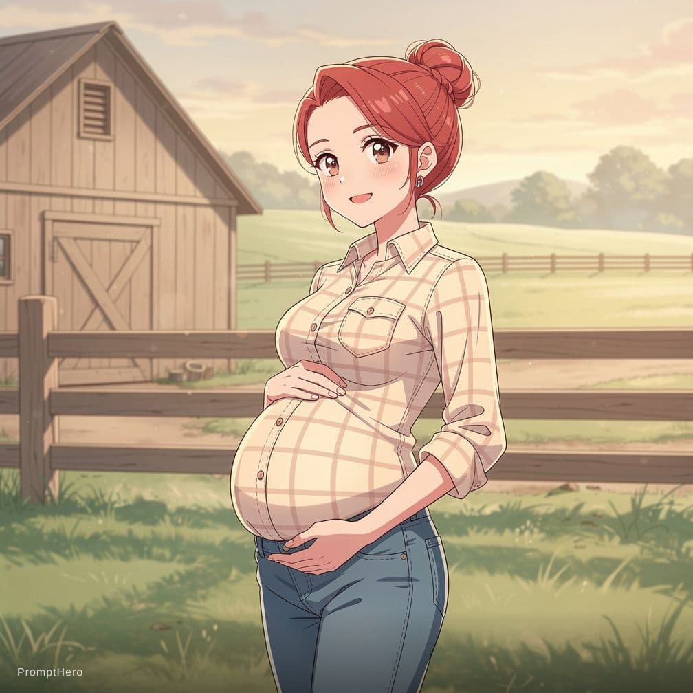 AI generated: curvy, pregnant, woman, big boobs, red hair, hair in bun, smile, plaid shirt, open shirt, nipples, j...