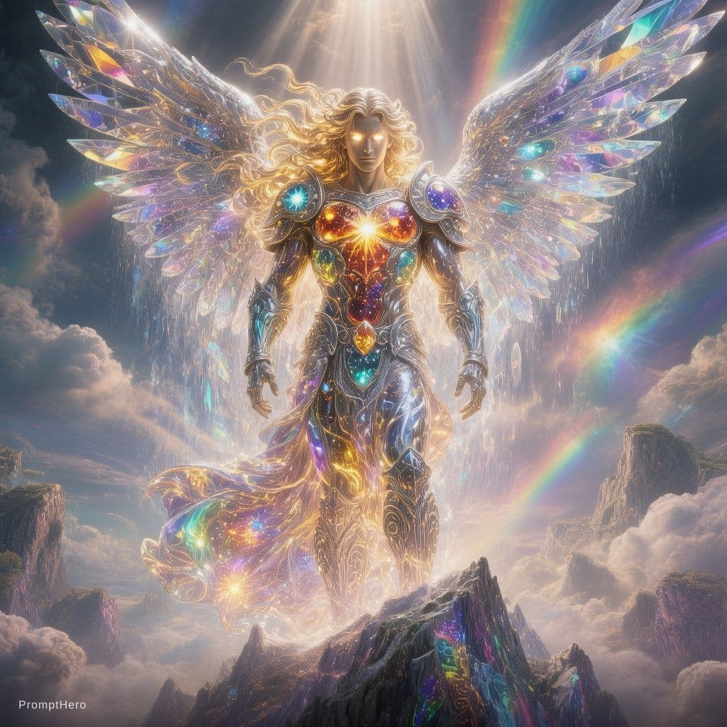 AI generated: The angel stands upon the jagged peak of a celestial mountain, his form bathed in an ethereal glow t...