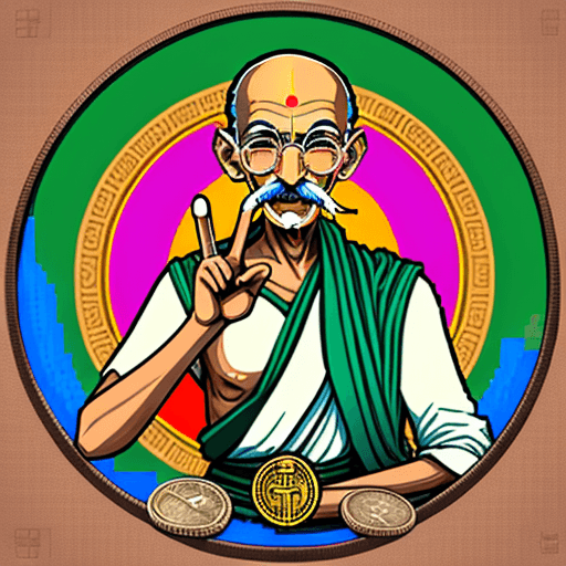 AI generated: Mahatma Gandhi Pixelart cryptopunk style with round glasses no hands and happy smiling eyes india fo...