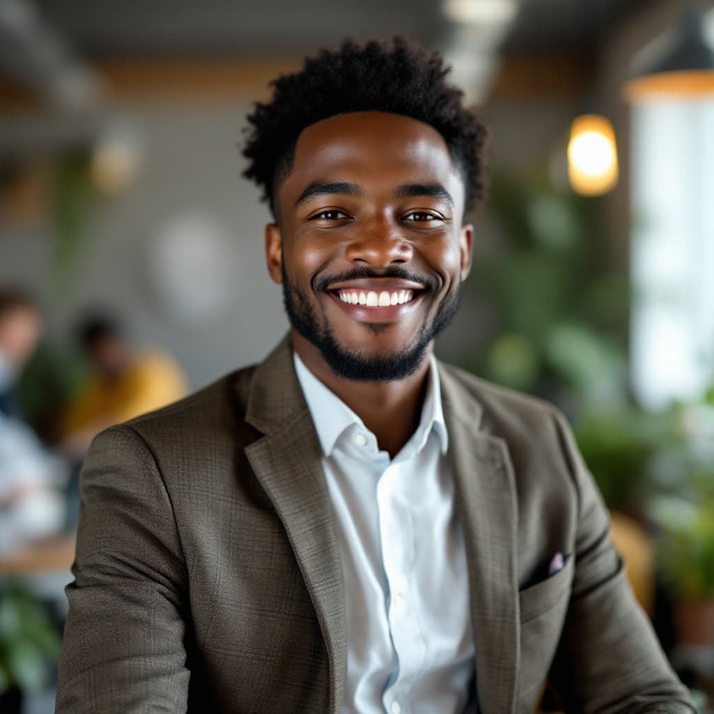AI generated: A professional headshot of a young African software engineer, wearing a smart blazer, in a co-workin...