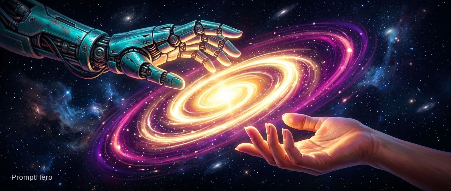AI generated: 2 Hands. Hand 1: Robot hand, colour turquois metal, relaxed open, relaxed wrist, palm downward. Hand...
