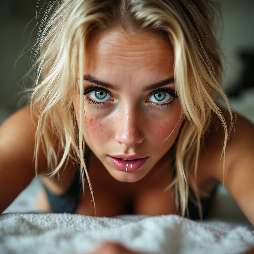 AI generated: High resolution photograph of a 25 year old girl.  she is on her knees looking up into the lens of t...
