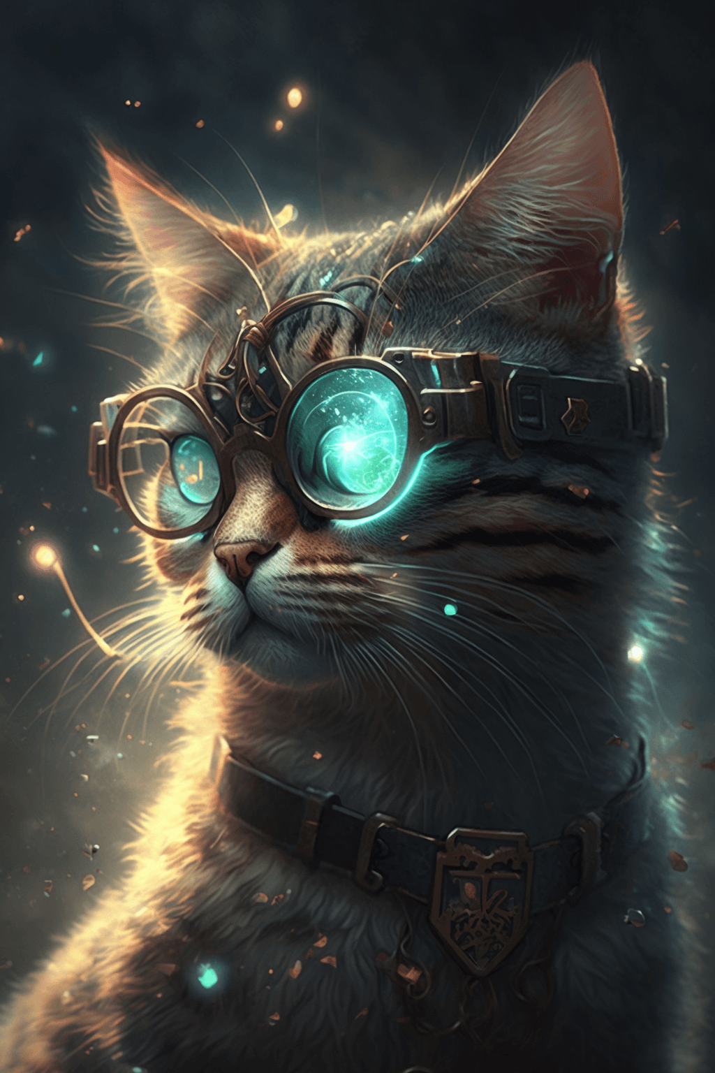 AI generated: cat + glasses, cynematic light, futuristic, epic fantasy, 8k --ar 2:3 --q 2 --s 750